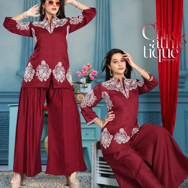 Maroon and White Palazzo Suit