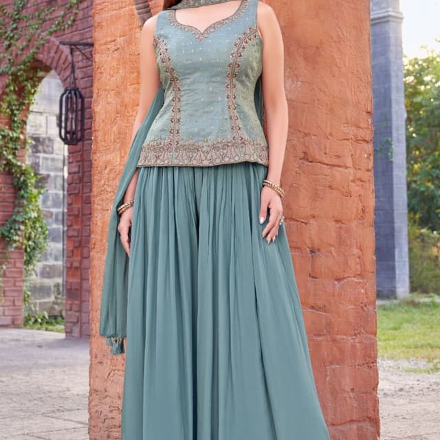 Sea Green, Beige, and hints of Gold Sharara Suit
