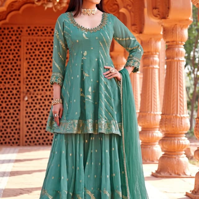 Teal, Gold Sharara Suit