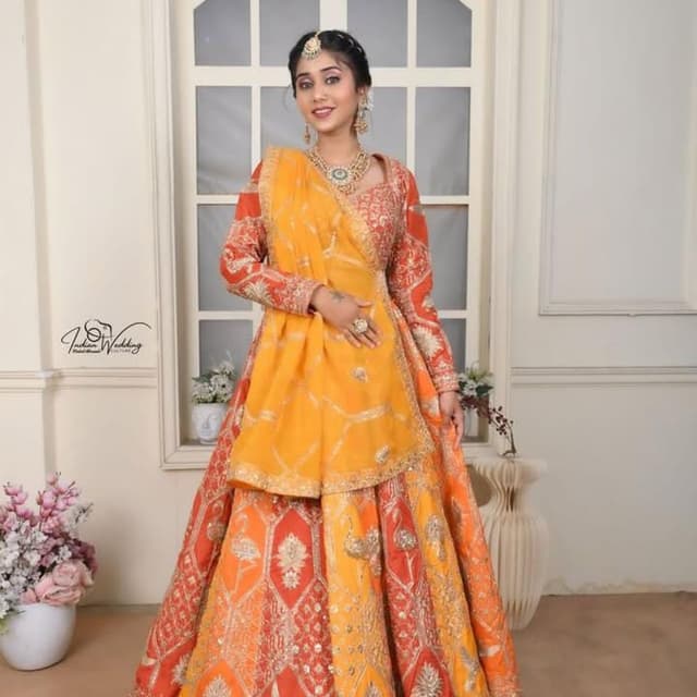 Orange, Yellow, Red Lehenga Choli