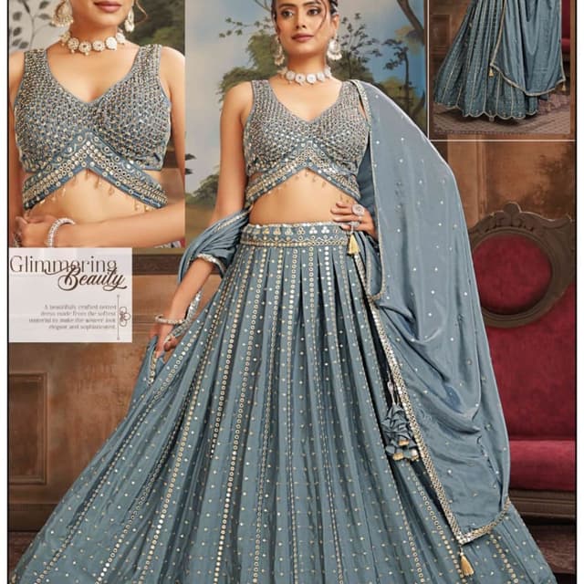 Blue-Gray and Gold Lehenga Choli