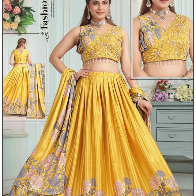 Mustard yellow, grey, pink, and off-white Lehenga Choli