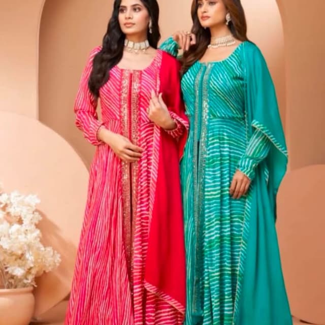 Pink, Red, and Teal with white accents Anarkali Dress