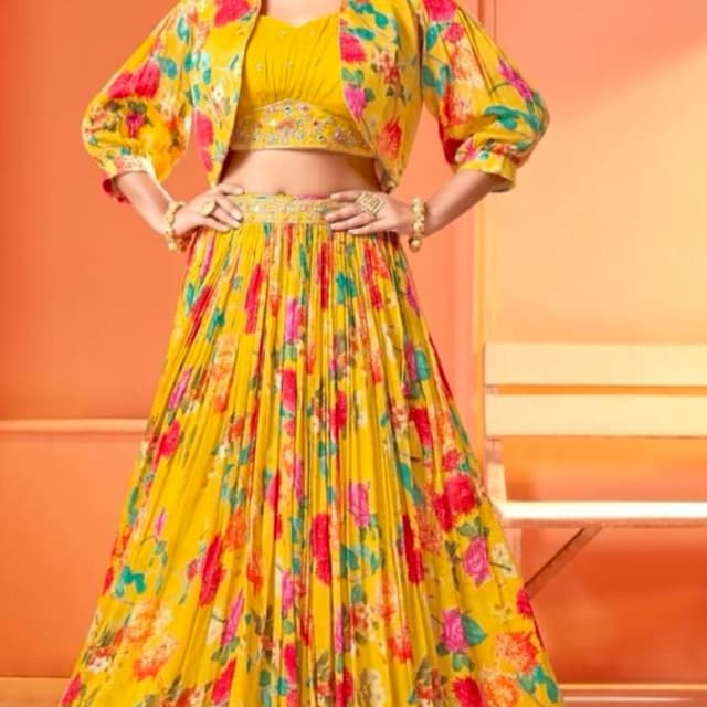 Yellow, Pink, Green, and Orange Lehenga Choli