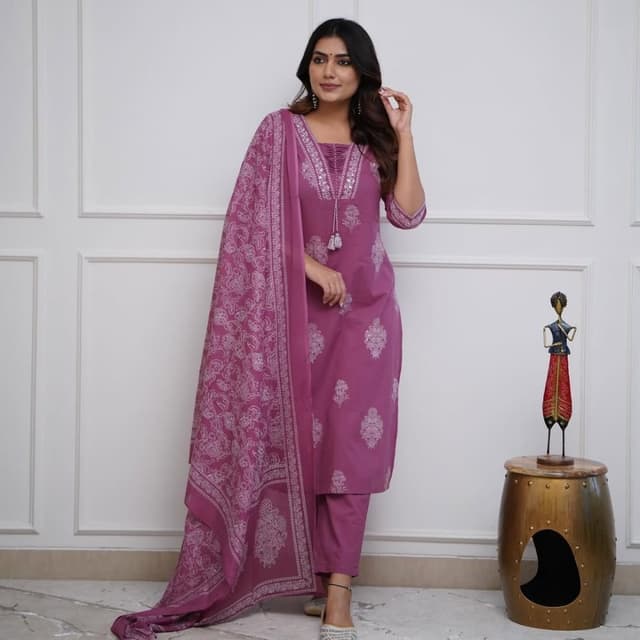Mauve and White Kurta Set