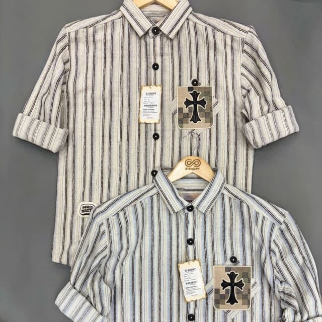 Beige, Black, Blue Shirt