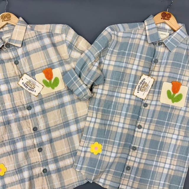 Blue, beige, and white plaid Shirt