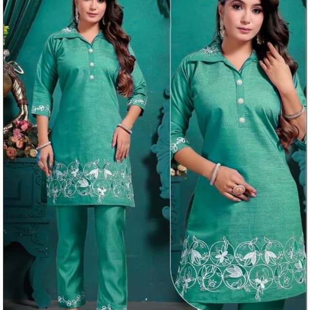 Teal and White Kurta and Pants Set
