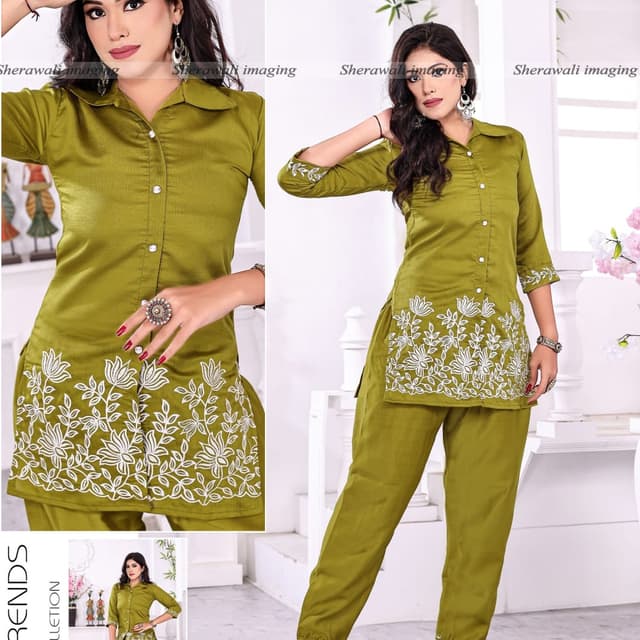 Olive Green and White Kurta and Pant Set