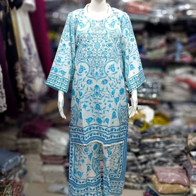 White and blue Kurta and Pants set