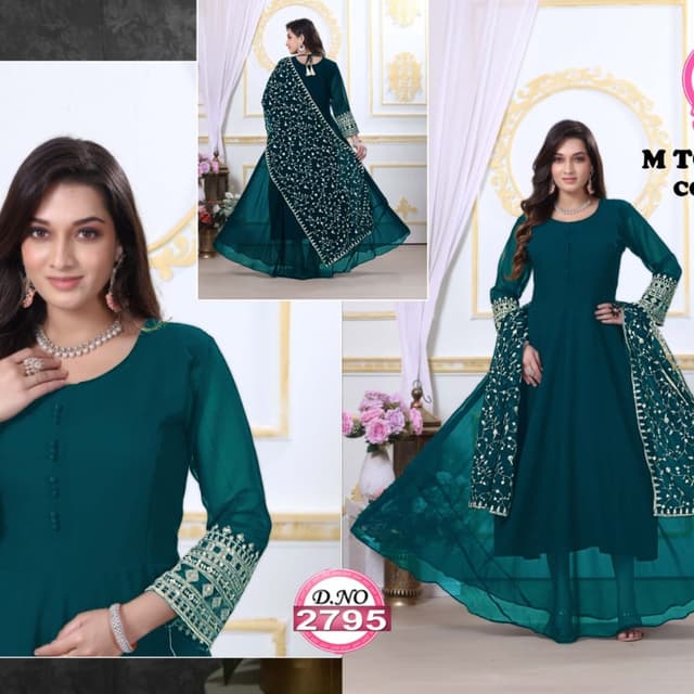 Teal, Gold Anarkali Suit