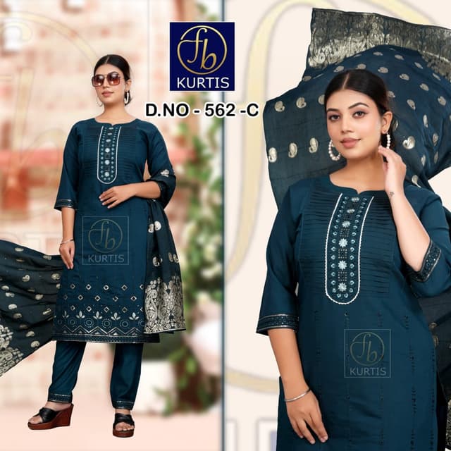 Teal, Gold Kurti Suit Set