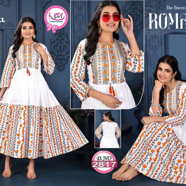 White, Orange, Black, Gold Dress