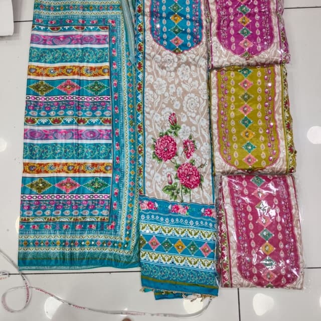 Teal, Beige, Pink, Gold, Green Unstitched Suit Set