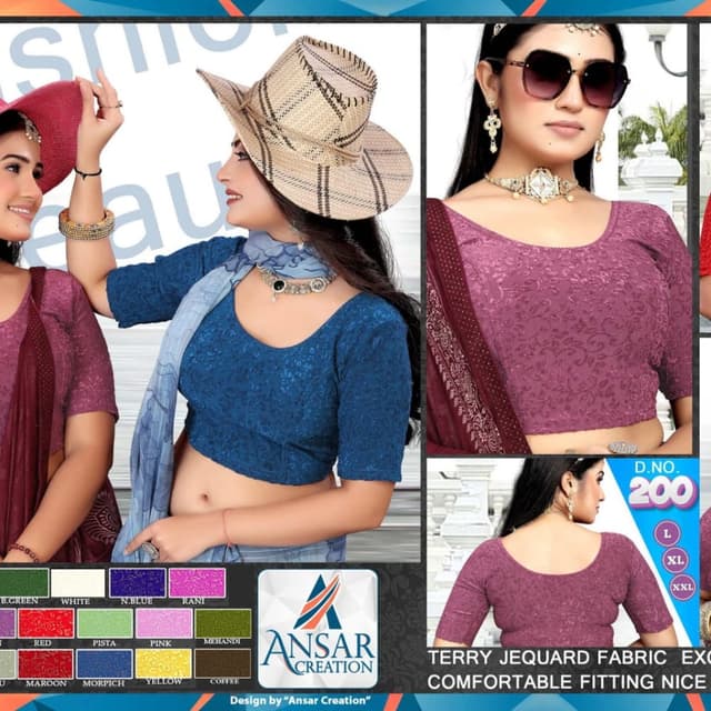 Various, including Blue, Maroon, and Pink Blouse