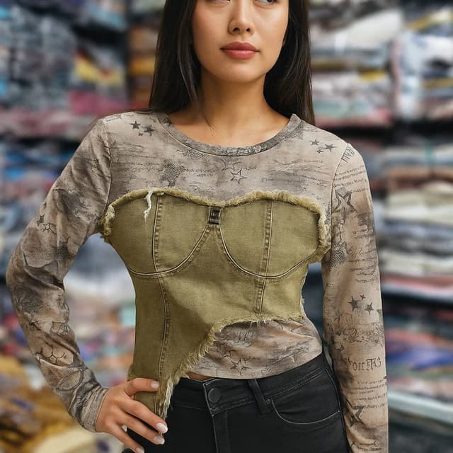 Olive Green, Beige, Black Top