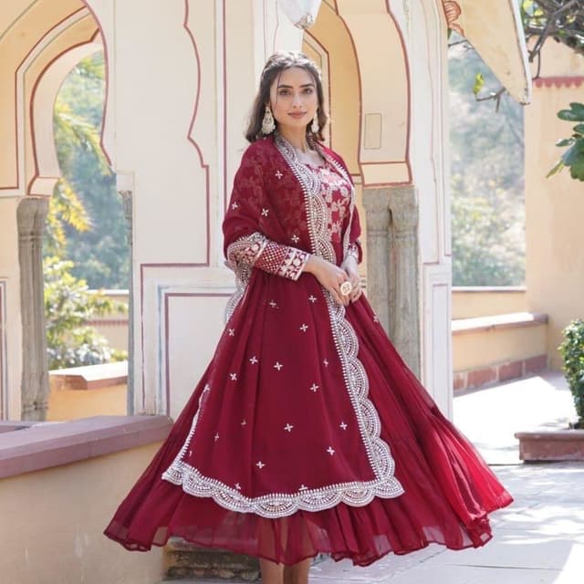 Maroon, White, Gold Anarkali Suit