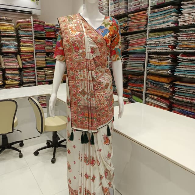 Ivory, Orange, Green, and Multicolor Saree