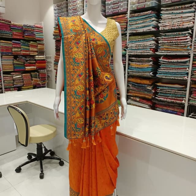 Orange, Yellow, Teal, and Brown Saree