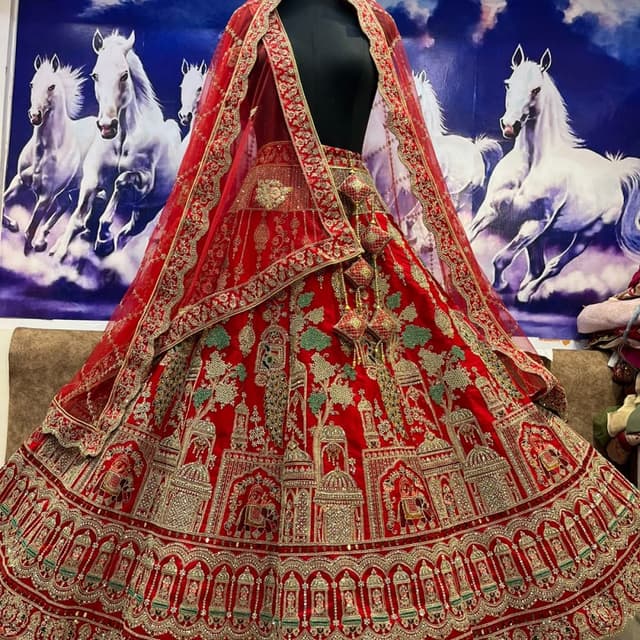 Red, Gold, Green Lehenga Choli