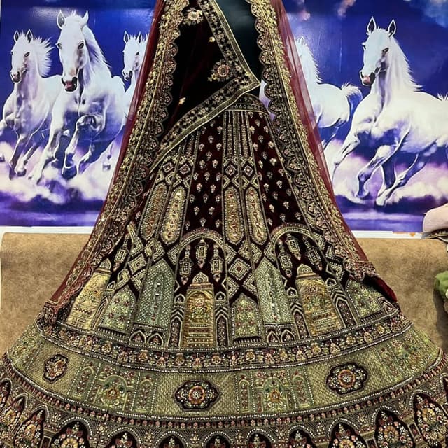 Burgundy, Gold, Green Lehenga Choli