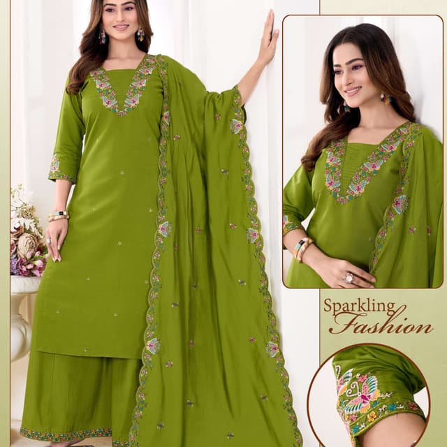 Olive Green with Multi-colored embroidery Salwar Suit