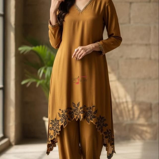 Mustard yellow with black accents Kurta and Pant Set