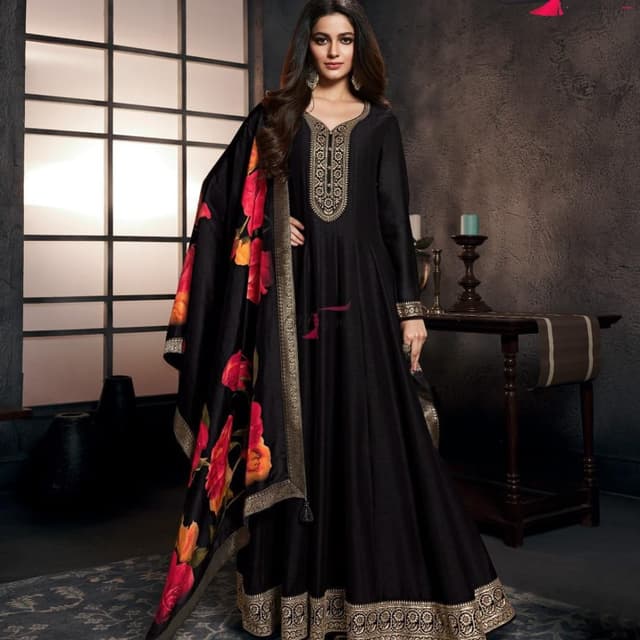 Black, Gold, Red, Orange Anarkali Suit with Dupatta