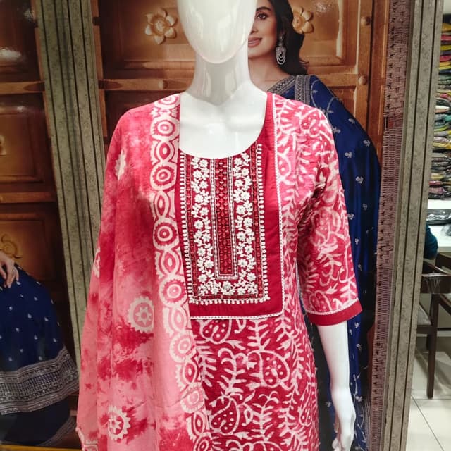 Red and White, with shades of Pink Kurta with Dupatta