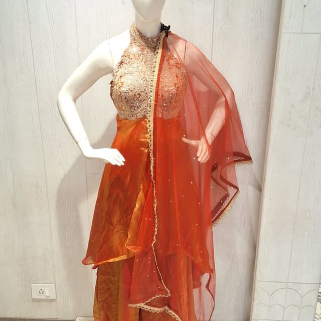 Orange, Gold Anarkali Suit with Dupatta