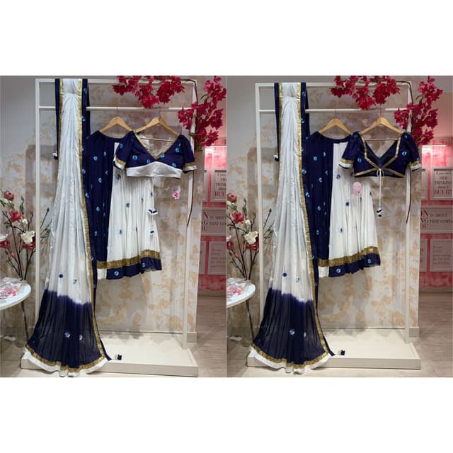 White, Navy Blue, and Gold Lehenga Choli