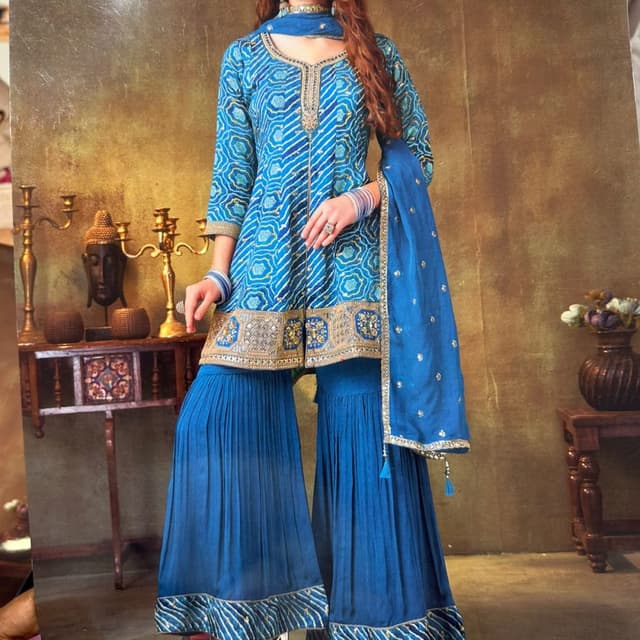 Blue, Gold Sharara Suit