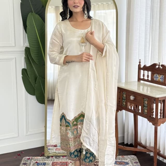 Ivory, Teal, Gold, Green Salwar Kameez Suit