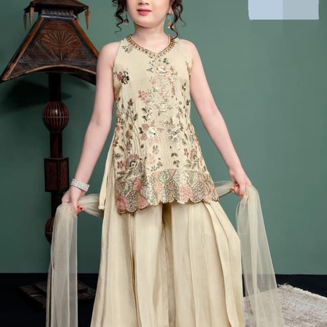 Beige, Gold, Pink, Green Sharara Suit