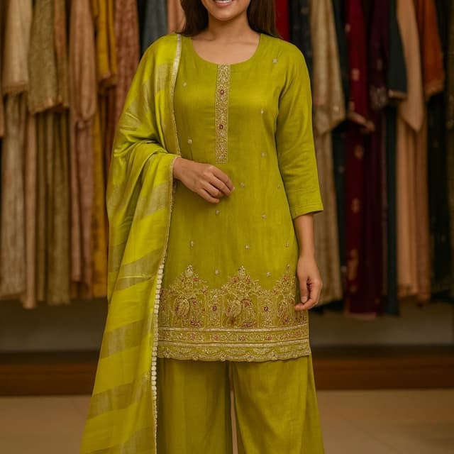 Olive Green with Gold and Red accents Salwar Kameez