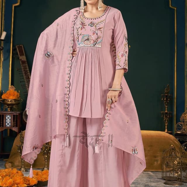 Pink with multicolor embroidery Sharara Suit