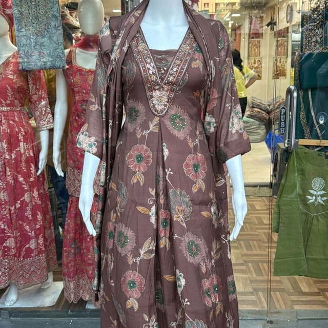 Brown, Pink, Green, Beige Anarkali Suit