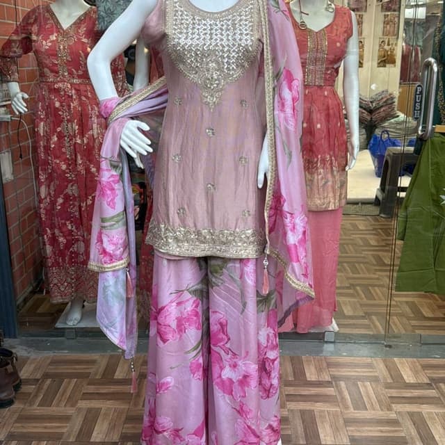 Pink, Floral Print, Gold Sharara Suit