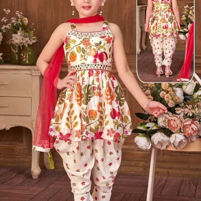 Ivory, Red, Orange, Green Salwar Kameez