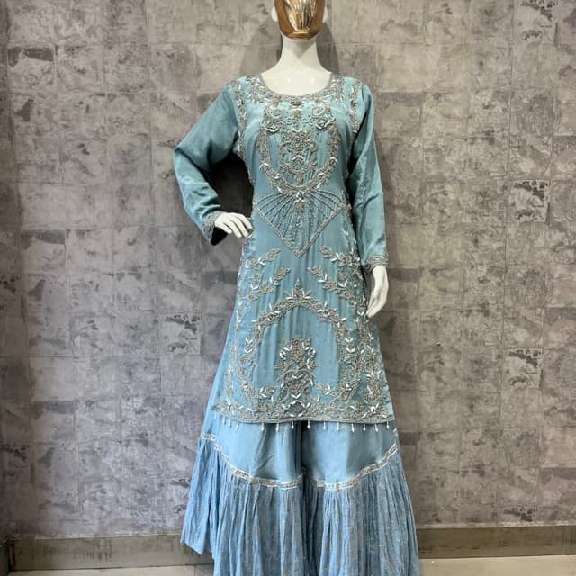 Light Blue and Silver Sharara Suit