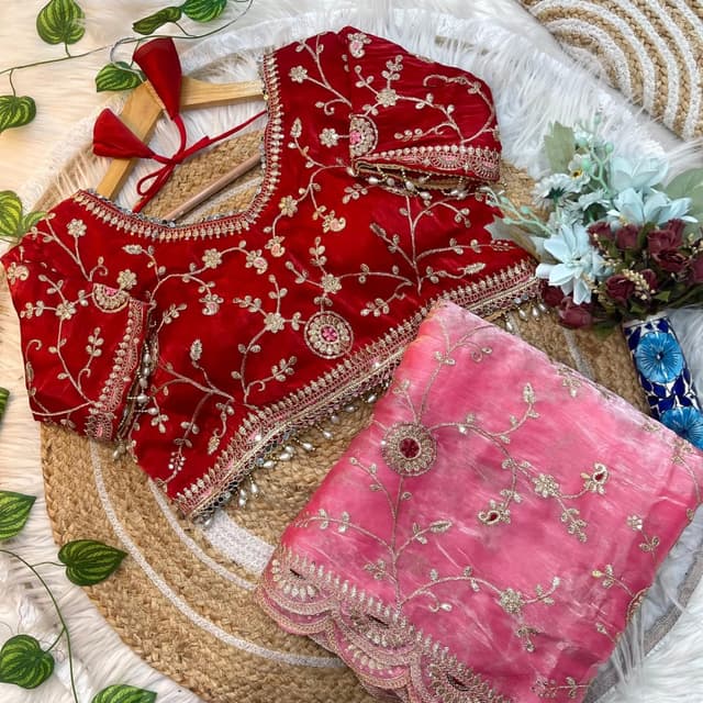 Red and Pink with Gold accents Blouse and Saree