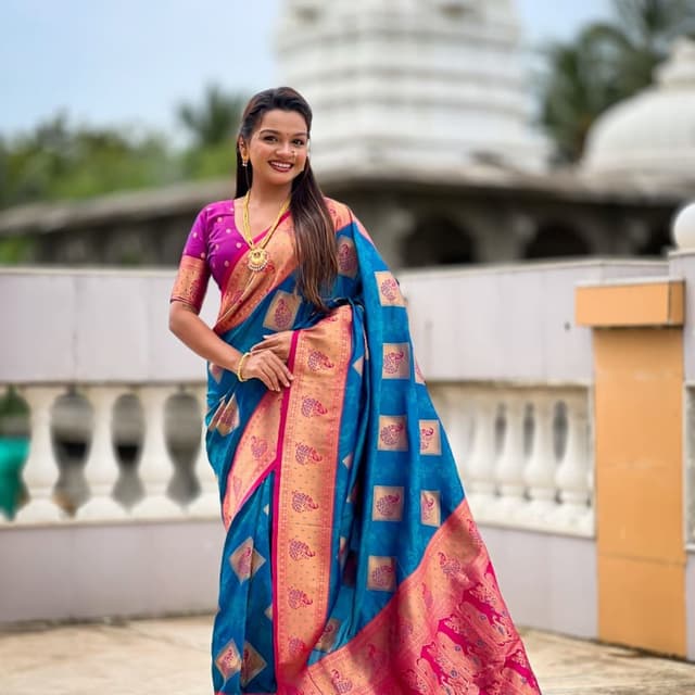 Blue, Pink, and Gold Saree