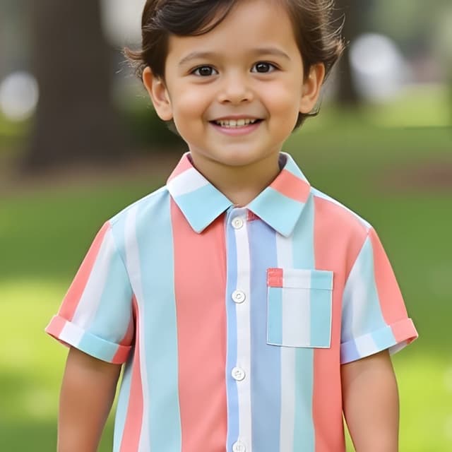 Pastel shades of coral, light blue, and white in vertical stripes Shirt