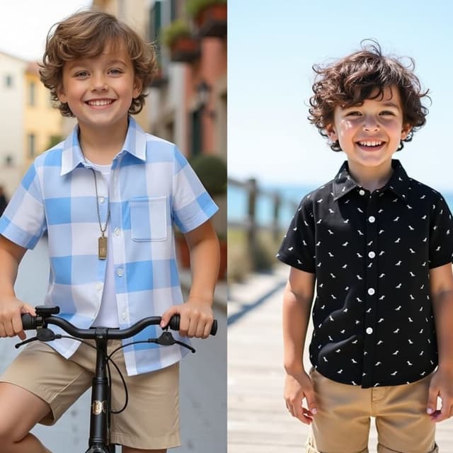 Blue and White Checkered, Black with White Print Shirt