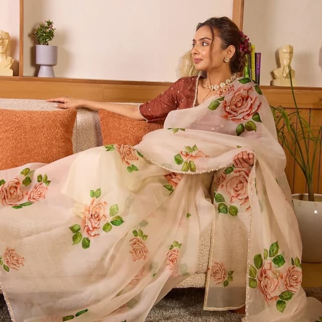 Ivory, Peach, Green Saree