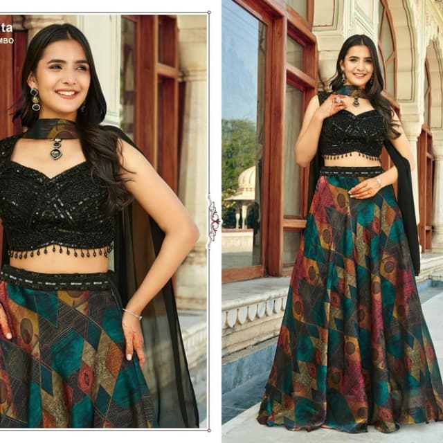 Black, Teal, Maroon, Gold, and Mustard Lehenga Choli
