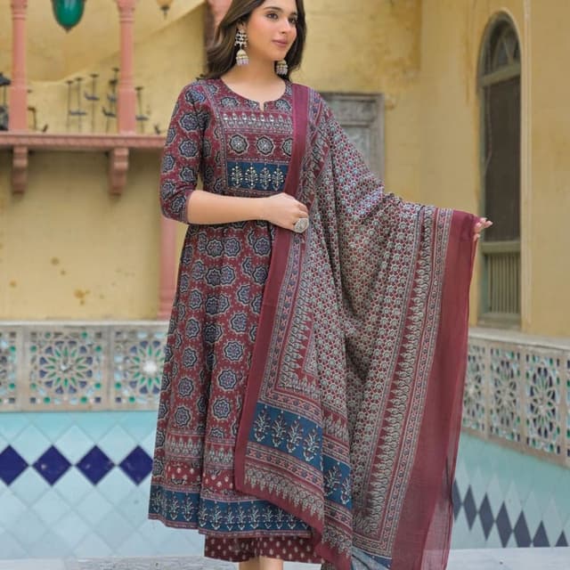 Maroon, Blue, and White Anarkali Suit Set