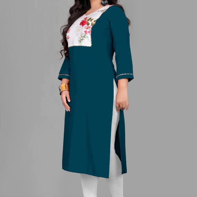 Teal, White, Floral Print Kurti