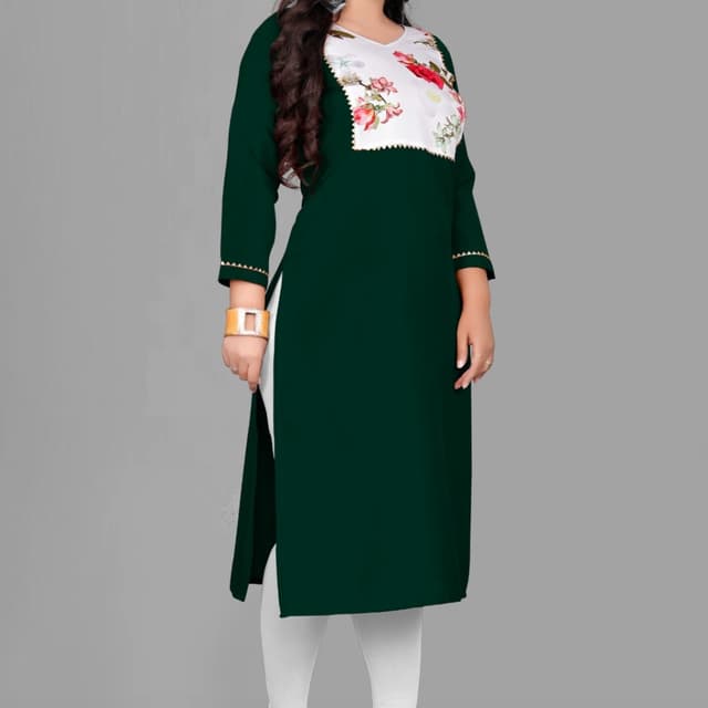 Dark Green, White, Floral Print Kurti