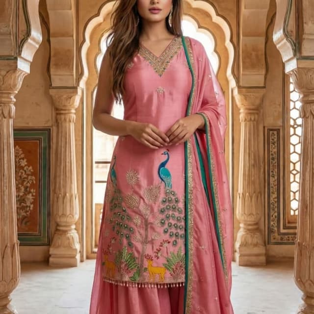 Pink, Teal, Gold, Green Sharara Suit